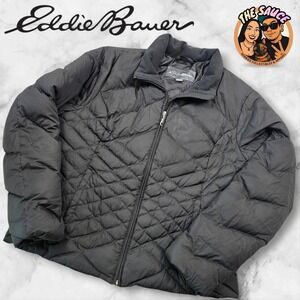 Eddie Bauer Goose Down Puffer Jacket Womens XL Black Insulated Quilted Zip Up